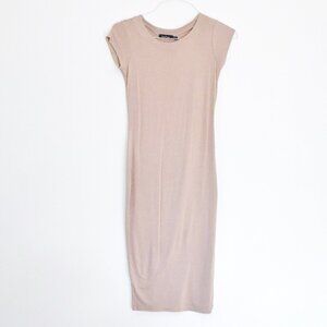 Nude Scoopneck Short Sleeve Bodycon Pencil T-Shirt Midi Dress | Size